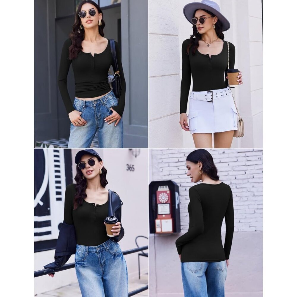 Women's Long Sleeve Thermal Henley Shirt Cozy Casual Tops Slim Fit - Picture 5 of 6